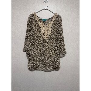 Turquoise Haven Leopard Print Crochet Lace V-Neck Tunic Blouse Brown Tan Large